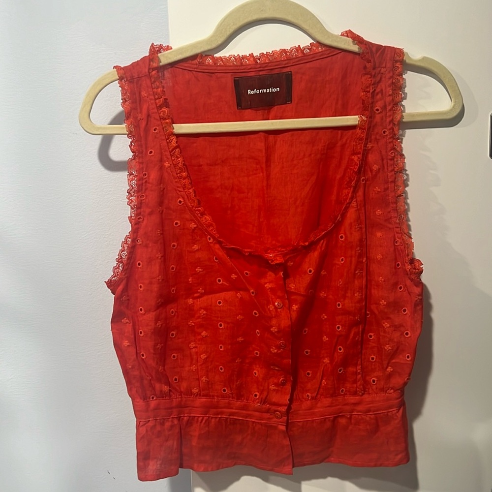 Reformation Linen Tank with Button Down Detail + Lace Trim